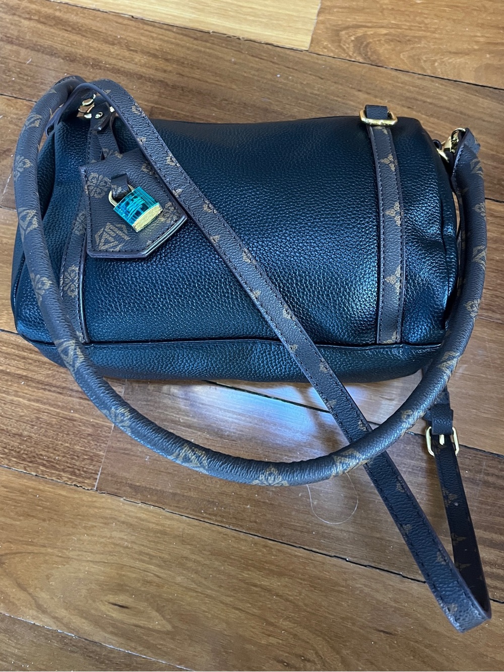 Black Textured Shoulder Bag with Brown Accent Trim